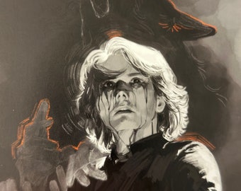 May include: A black and white illustration of a person with long hair and a wolf behind them. The person has a distressed look on their face and appears to be crying. The wolf is howling with its mouth open and its eyes are visible.