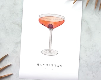 8 X 11 Manhattan Cocktail Aquarell Giclée Kunstdruck
