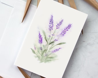 Tarjeta de felicitación en acuarela: arte original inspirado en las flores de lavanda de los veranos del noroeste del Pacífico.