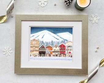 Impresión artística giclée original de acuarela Winter Wonderland (horizontal), inspirada en Leavenworth, Washington