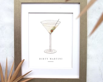 Impresión artística giclée original en acuarela de un cóctel Dirty Martini