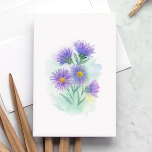 Tarjeta de felicitación con estampado de acuarela de flor de aster suelta 4 X 6