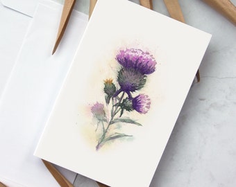 Tarjeta de felicitación en acuarela: arte original inspirado en las flores de cardo en otoño en el noroeste del Pacífico.