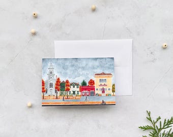 Tarjeta de felicitación con impresión artística de acuarela original, inspirada en Port Gamble, WA