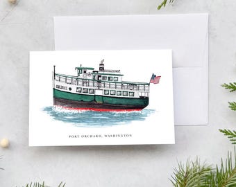 Tarjeta de felicitación con impresión artística original en acuarela de un ferry histórico, inspirada en Carlisle II en Port Orchard, Washington.