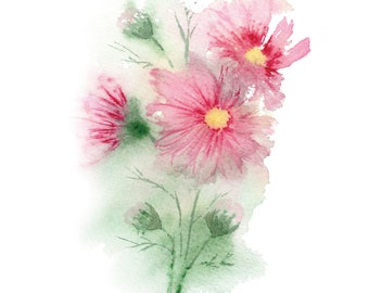 Lose Kosmos Oktober Geburt Blumen Aquarell herunterladbare Wandkunst