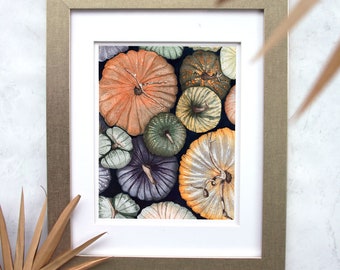 Impresión artística giclée en acuarela de la temporada de cosecha de calabazas en técnica mixta