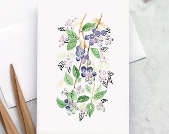 Tarjeta de felicitación con impresión artística de acuarela original de arándanos