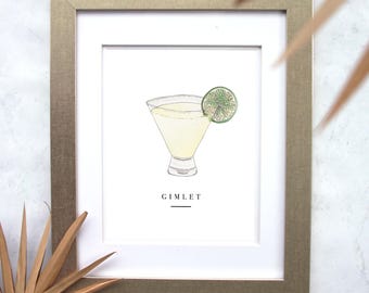 Impresión artística giclée original en acuarela de cóctel Gimlet
