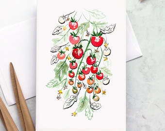 Tarjeta de felicitación de acuarela: arte original inspirado en la cosecha de tomates en los veranos del noroeste del Pacífico.
