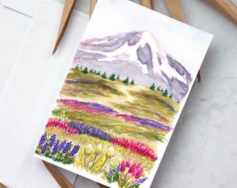 Tarjeta de felicitación con impresión artística de acuarela original, Mountain Meadow, inspirada en el Monte Rainier, Washington (Paraíso).