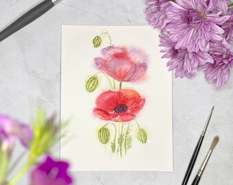 Original Watercolor Poppy Flower Art