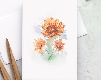 Tarjeta de felicitación en acuarela: arte original inspirado en las flores de crisantemo en otoño en el noroeste del Pacífico.