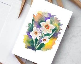 Tarjeta de felicitación con impresión artística de acuarela original de narciso