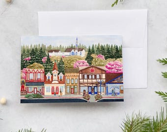 Tarjeta de felicitación original en acuarela de Spring Downtown - Serie Storybook Art - inspirada en Poulsbo, Washington