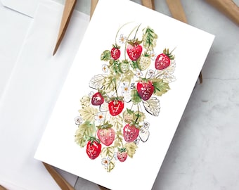 Tarjeta de felicitación con impresión artística de acuarela original de fresas