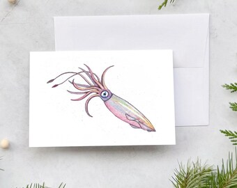 Tarjeta de felicitación con acuarela original de calamar de mercado