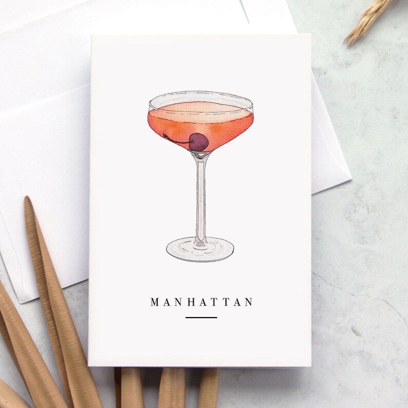 Biglietto d'auguri con stampa acquerello cocktail Manhattan 4 x 6 immagine 1