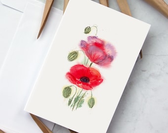 Tarjeta de felicitación con impresión artística original de acuarela de amapolas
