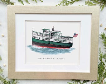 Impresión artística original en acuarela de un ferry histórico, inspirada en Carlisle II en Port Orchard, Washington.