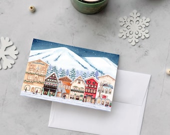 Tarjeta de felicitación con impresión artística de acuarela original de Winter Wonderland, inspirada en Leavenworth, WA