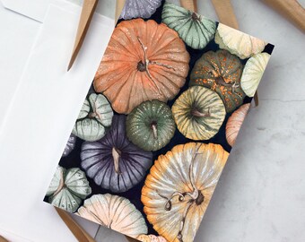 Tarjeta de felicitación de acuarela con calabazas de la cosecha de rocío - Arte de jardín original - inspirada en el otoño en el Noroeste del Pacífico