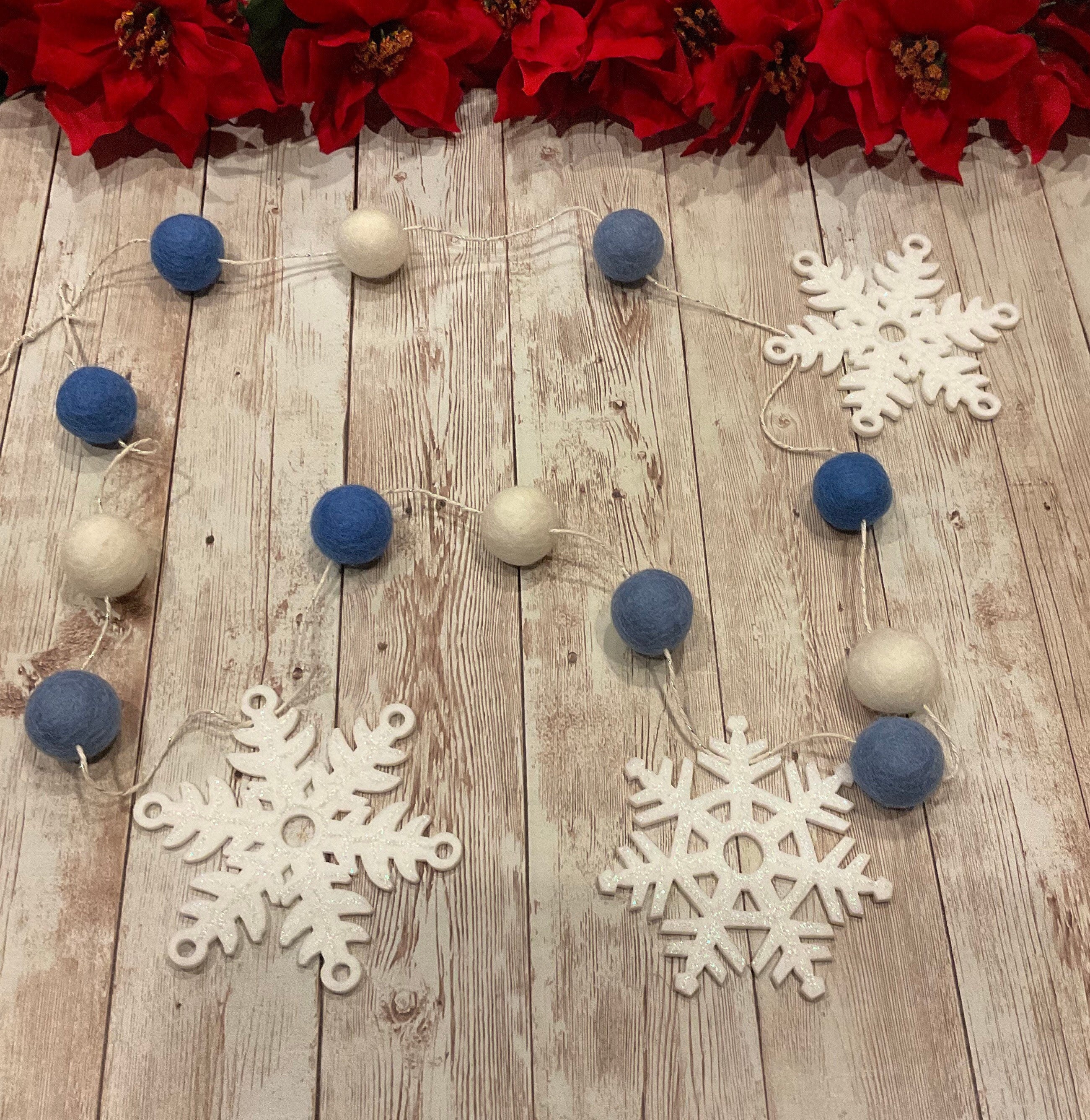 Wool Felt Garland with Snowflakes and Flowers, Light Blue and