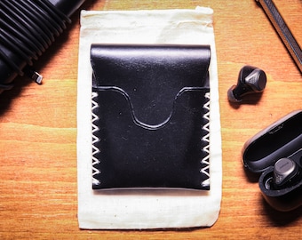 Cartera de cuero vertical de 2 bolsillos negro, tarjetero, cartera de bolsillo frontal minimalista, hecha a mano en Inglaterra