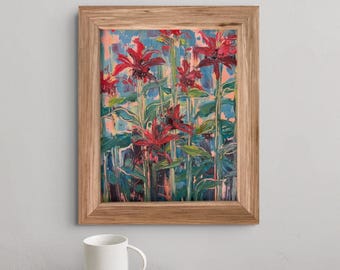 Framed Bee Balm Garden Original Art Canvas Print – 8 x 10, Red & Teal Botanical Wall Art