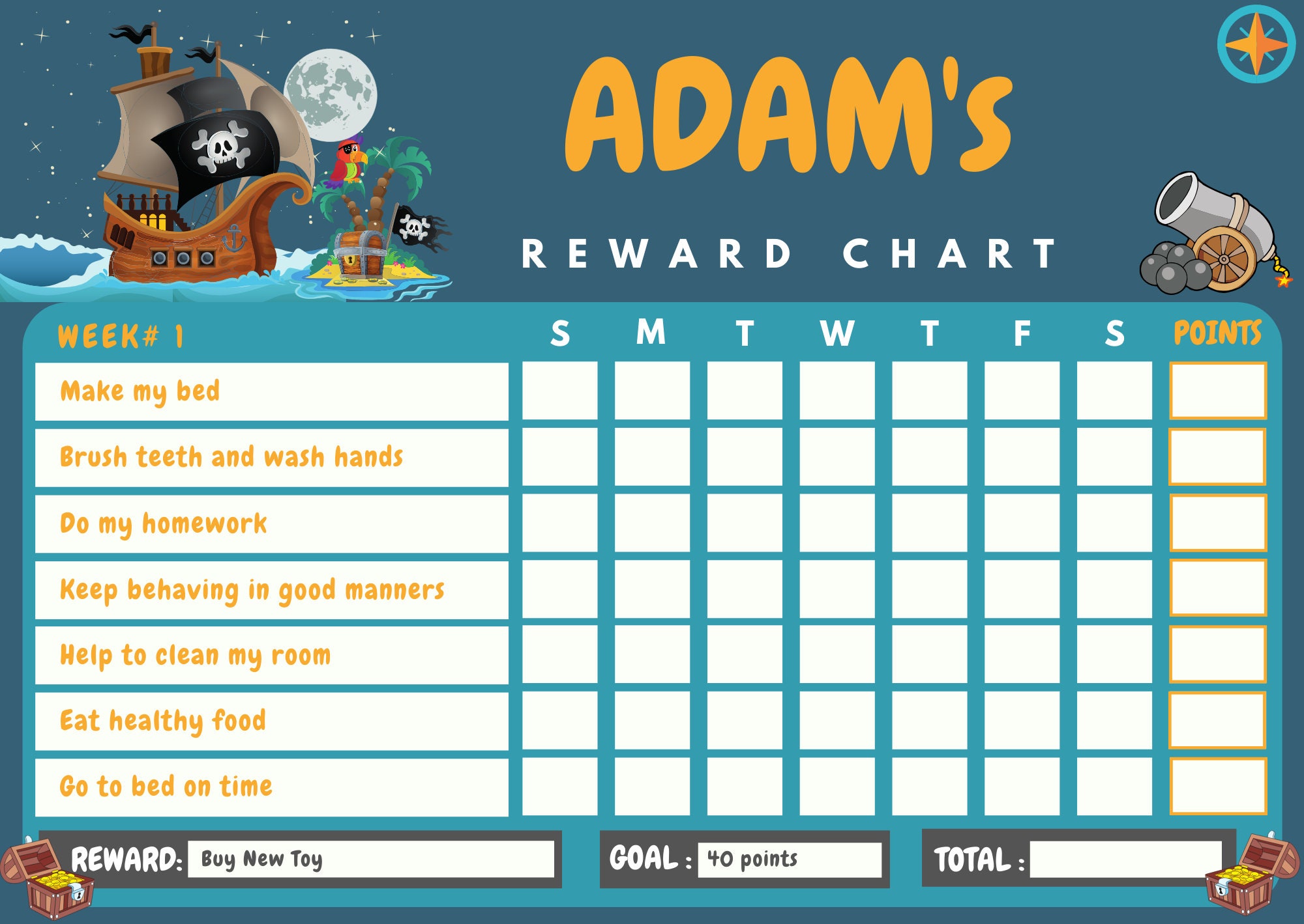 Pirates at Night Chore Chart, Behavior Chart, Printable Digital ...
