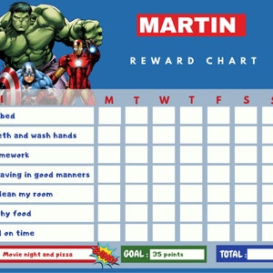 Superhéroe, Capitán América, Iron Man, Spider Man, Thor, Hulk, Tabla de tareas, Tabla de recompensas