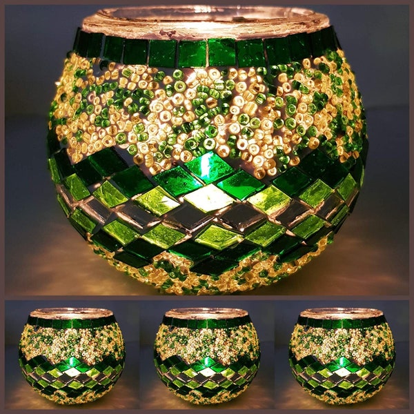 MOSAIC GLASS CANDLE Holders/ Glass votive candle holder/ Brass Votive Candle Holder