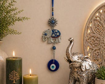 Elephant Evil Eye Wall Hanging | Turkish Nazar Decor | Blue Evil Eye Amulet | Protection Charm | Boho Home Decor