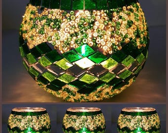 MOSAIC GLASS CANDLE Holders/ Glass votive candle holder/ Brass Votive Candle Holder