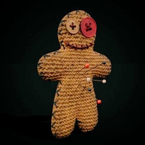 May include: A brown voodoo doll with red and black buttons for eyes and a stitched mouth. The doll is pinned with several black and red pins.