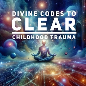 Puede incluir: Una imagen de arte digital con una figura meditando en un fondo cósmico colorido. El texto dice "Códigos Divinos para Limpiar el Trauma de la Infancia".