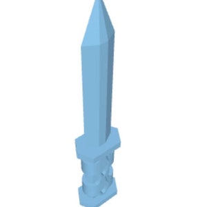 May include: A light blue, stylised sword with a pointed tip. The sword has a geometric design with a hexagonal base and a detailed handle. The overall design is simple and modern.
