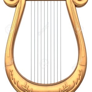Może przedstawiać: Złota lira z ozdobnym wzorem na korpusie i rzędem strun. Lira jest izolowana na białym tle.