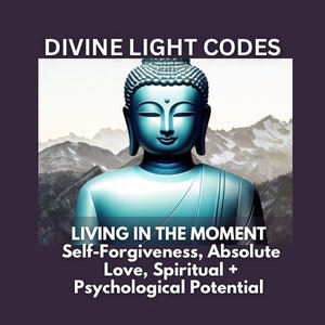 May include: A blue statue of Buddha with a serene expression, set against a backdrop of mountains. The text "DIVINE LIGHT CODES" is at the top of the image, and the text "LIVING IN THE MOMENT Self-Forgiveness, Absolute Love, Spiritual + Psychological Potential" is at the bottom.