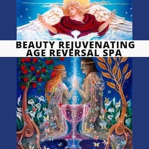 Può includere: Un dipinto che raffigura una coppia in piedi di fronte a una fontana con un grande fiore bianco dietro di loro. La coppia è circondata da farfalle e fiori. Il dipinto è ambientato su uno sfondo di cielo blu con stelle e un angelo bianco con le ali nell'angolo in alto a sinistra. Il testo "BEAUTY REJUVENATING AGE REVERSAL SPA" è in cima all'immagine.