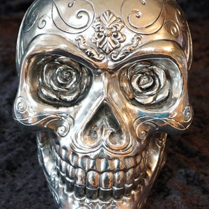 Shiny CERAMIC SUGAR SKULL, Calavera, Skeleton, Large Size, All-Occasion, Dia De Los Muertos/Day Of The Dead, Elaborate Markings, Unique Gift