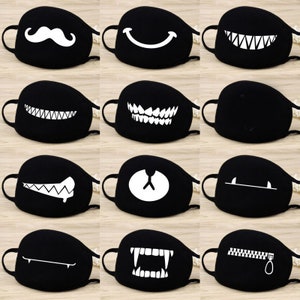 FUNNY FACE Mask Coverings, Washable and Reusable Cartoon and Anime Design, Bear Face,Smiley, Zipper,Mustache Fast Shipping. Double Layered. Solid Black