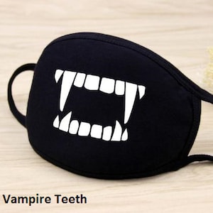 FUNNY FACE Mask Coverings, Washable and Reusable Cartoon and Anime Design, Bear Face,Smiley, Zipper,Mustache Fast Shipping. Double Layered. Vampire Teeth