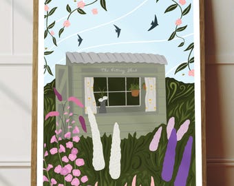 Cottage Garden Print: British Countryside Art, Spring Flowers