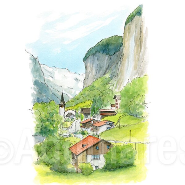 Lauterbrunnen Switzerland Swiss / Europe / travel fine art print from an original watercolor painting / Handmade souvenir / Travel gift
