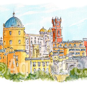 Sintra Pena Palace / Portugal / Europe / travel fine art print from an original watercolor painting / Handmade souvenir / Travel gift