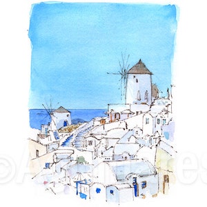 Santorini / Cyclades / Greece / Europe / Greek Islands / art print from original watercolor painting / Handmade souvenir / Travel gift