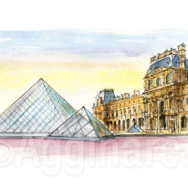 Paris France Musée du Louvre / Europe / Tirage d’art de voyage à partir d’une aquarelle originale / Souvenir fait à la main / Cadeau de voyage