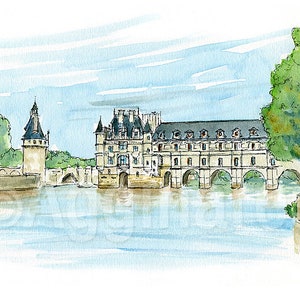 Chenonceau Castle / France / Europe / travel fine art print from an original watercolor painting / Handmade souvenir / Travel gift