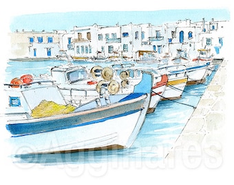 Paros Cyclades Greece / Europe / Greek Islands / travel fine art print from original watercolor painting / Handmade souvenir / Travel gift